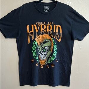 Hybrid St. Patrick Day Black Graphic Tee with Skull Design. Size Large. Unisex.